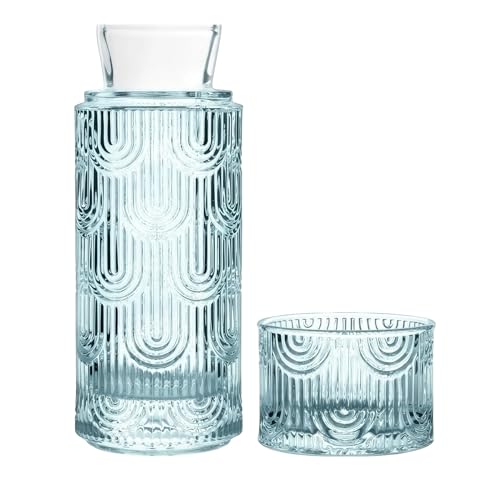 Nachttisch Wasserkaraffe Set mit Becher Glas Nachttasse Set, Mundwasser Flasche Karaffe mit Becher Deckel für Gästezimmer, Badezimmer, Wohnzimmer 21.6 Oz/630ml (Hellblau)