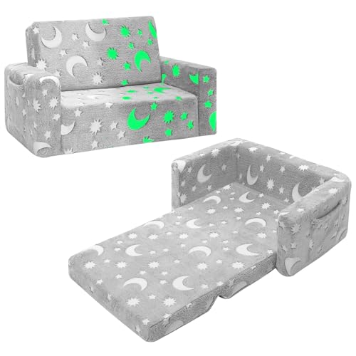 Kids Couch, Fold Out Kids Sofa Chair, Toddler Convertible Sofa to Lounger Pull Out Couch, Glow in The Dark Sofa Chair for Boys and Girls(Grey, Large)