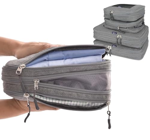 Dual Compartment Compression Packing Cubes - WONGLE DUO Set of 4 Travel Organizer Compressible Packing Cubes for Suitcases, Luggage Organizer Bags, Bedbug Protection, Travel Accessories (Grey)