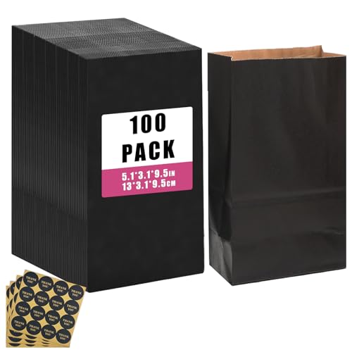 Gcardist 100 piezas bolsas de papel kraft negras tratadas con 100 pegatinas 13,0 x 7,9 x 23,9 cm pequeñas bolsas de regalo para fiestas bolsa de snacks sin asa