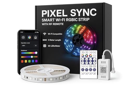 Image of WiFi RGBIC Strip 5M | 60 LEDs /M | 100+ Modes | Music Sync with Mic | RF Remote + App Control | Alexa Compatible | Plug & Play Kit for Gaming, Desk & Room Ambience(WiFi-APP+Remote)