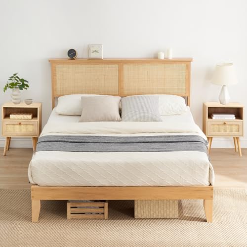 Full Size Rattan Bed Frame with Natural Wood Headboard, Bohemian Rattan Wood Bed with LED Lights and Storage Shelf, No Box Spring Needed