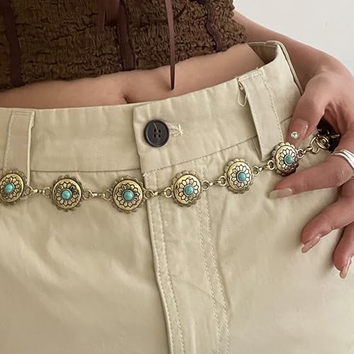 Women Alloy Waist Belt Ethnic Adjustable Waist Belt Women Dress Shirt Waist Belt With Carved Turquoise Buckle Waist Rop4