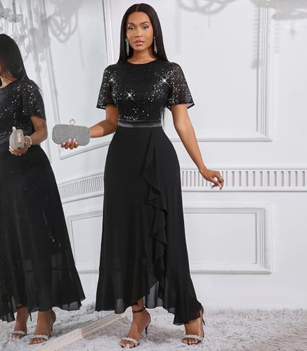 Cololura Women Sexy Sequin Lace Tulle Short Sleeve Chiffon Bodycon Cocktail Formal Evening Maxi Dress2