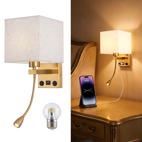 Image of Wall Sconces, Hardwired Wall Lamp with USB Port White Fabric Shade Bedside Wall Lights with Reading Lamp for Bedroom Living Room Hotels and Office (Gold)