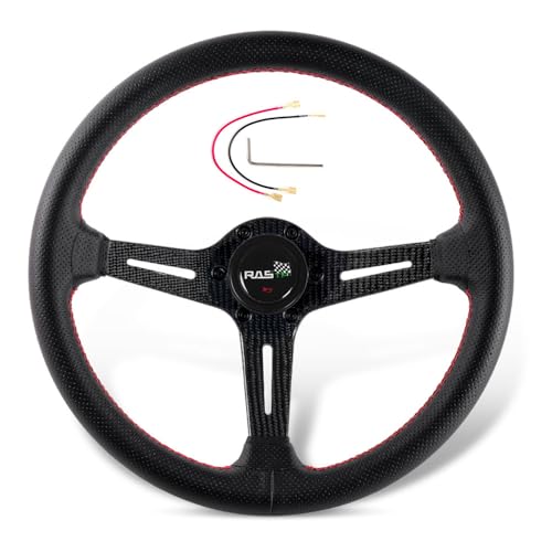 RASTP 13.8”/350mm Racing Steering Wheel, Grip PU Leather & Real Carbon Fiber Spoke 6 Bolt Steering Wheel