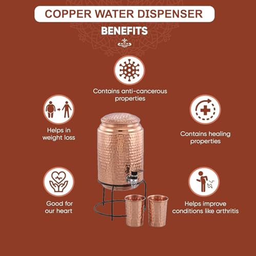 Image of Pure Copper Water Dispenser with Stand, Tap & 2 Glasses | 5 Litre Large Copper Water Pot for Drinking | BPA Free, Non-Toxic, Rustproof Hammered Copper Tank