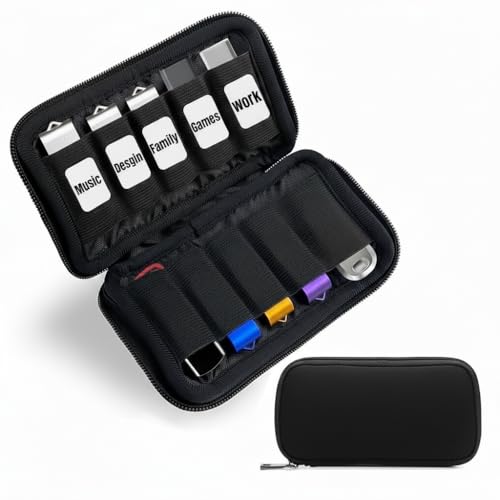 Bolsa organizadora de pen drive USB, estojo de armazenamento à prova d'água com compartimentos elásticos seguros e fecho de zíper para discos U, discos rígidos, cartões de memória (preto)