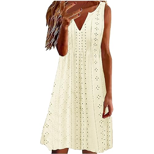 Image of Women Summer Sleeveless Tank Dress V Neck Eyelet Sundress Boho Beach Party Vest Dresses Plain Casual Loose Dress Plus Size Knee Length Sundress Ladies UK Clearance Yellow