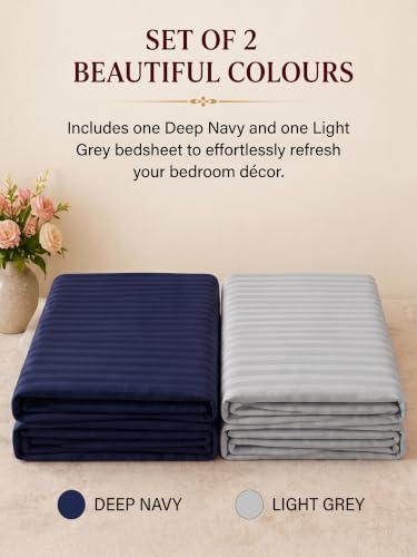 Image of Mafatlal 210 TC Italian Stripe Single Bedsheet Set with Pillow Cover (60 x 90 Inches) | 100% Cotton | Hotel Collection | Soft Breathable Flat Bed Sheet | Grey N Navy