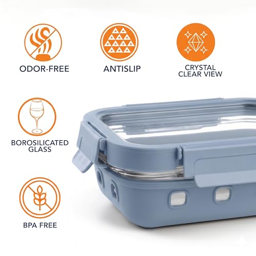 Image of Griplok Glass Lunch Box with Leakproof Lid, Borosilicate Food Storage Container with Silicone Sleeve, Airtight, Microwave /Dishwasher Safe (Glacier Blue, 1x640ml + 1x1050ml)