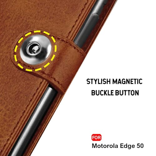 Image of TheGiftKart Flip Cover Back Case for Motorola Moto Edge 50 5G | Genuine Leather Finish | Designer Button | Inbuilt Pockets & Stand | Wallet Style Flip Case Cover for Moto Edge 50 (Faux Leather, Brown)