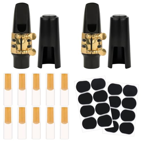 Alto Sax Mouthpiece Kit - Include 2 Gold Mouthpieces 2 Plastic Caps 2 Sax Ligatures 10 Reeds and 16 Pads for Alto Saxophone Parts and Accessories