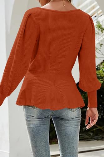 Image of Womens Fall Puff Sleeve Peplum Casual Slim Fit Knit Pullover Sweater Jumper Tops