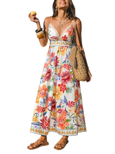 Image of CUPSHE Women's Summer Dresses Casual Spring V Neck Sleeveless Floral Beach Vacation Long Spaghetti Strap Flowy Maxi Dress
