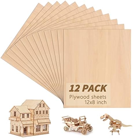 12 Pack Basswood Sheets for Crafts, SIJDIEE 12 x 8 x 1/8 Inch Unfinished Balsa Wood Sheets, 3mm Thick Plywood Sheets with Smooth Surfaces for Laser Cutting, Drawing Painting, Wood Engraving
