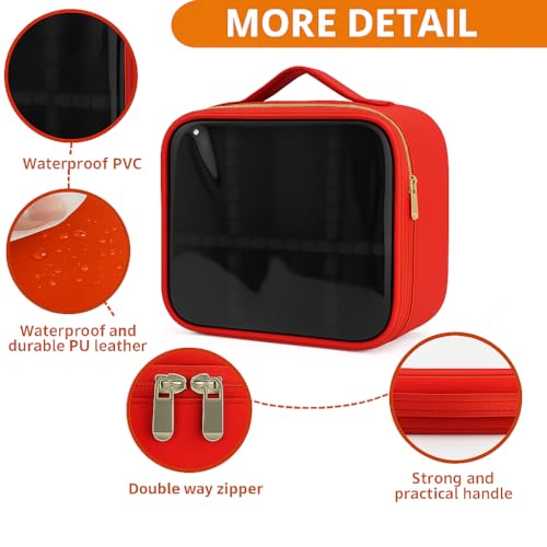Image of Coslifestore-Cosmetic Case, Travel Makeup Case with Handle, Transparent Makeup Case, Portable Makeup Bag for Cosmetics /Skincare Products /Toiletries (RED)