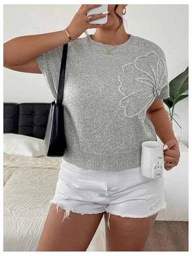 MakeMeChic Women's Plus Size Floral Sweater Vest Crew Neck Short Sleeve Going Out Knitwear4