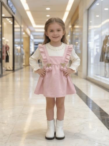 Image of Baby Girls Pink Frock Dress with White Full Sleeves | Cute Casual Dress for Girls | Stylish Flared Knee Length Kids Dress | Birthday, Festive & Everyday Wear