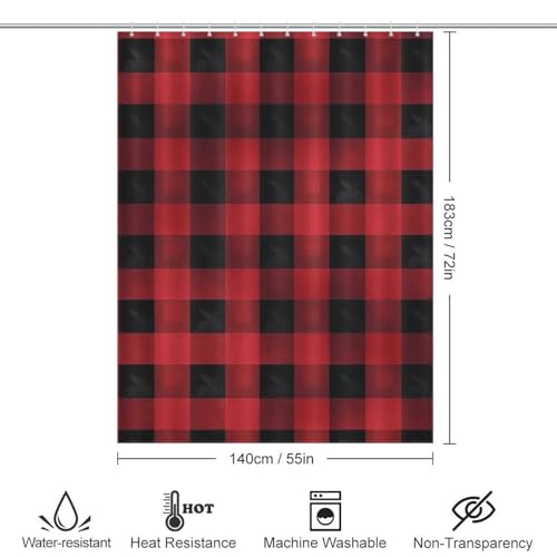 Rideau de douche extra long rouge noir tissu écossais avec crochets - 3