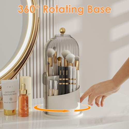 Makeup Brush Holder with Lid 360 Rotating Clear Dustproof Make Up Organizers for Vanity Bathroom Countertop, Gray