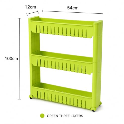 Image of JD FRESH 3-Tier Slim Rolling Storage Organizer Rack /Fridge Side Storage Rack /Plastic Trolley Storage Stand with Wheels /Floor Standing Cabinet for Bathroom and Kitchen Corner Area (Green)