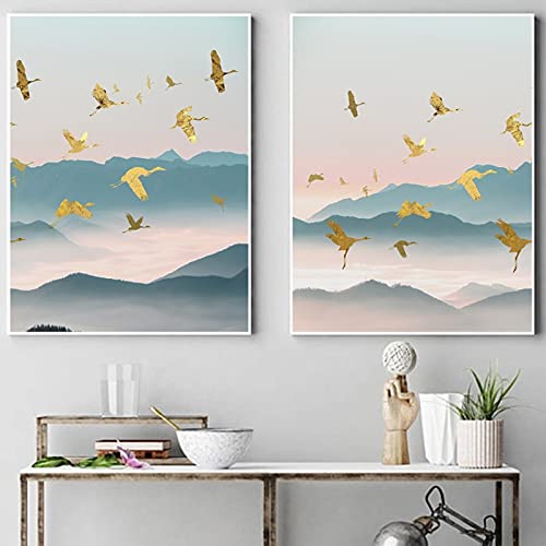 Toile abstraite oiseau doré pour habiller un grand mur blanc salon lot de 2