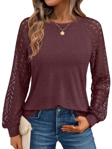 AUTOMET Womens Business Casual Dressy Tops Long Sleeve Lace Blouses Fall Fashion Outfits Shirts 2025 Crewneck Loose Clothes