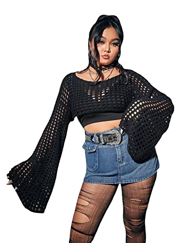 Floerns Women's Plus Size Boat Neck Long Sleeve Hollow Out Crochet Cropped Sweater