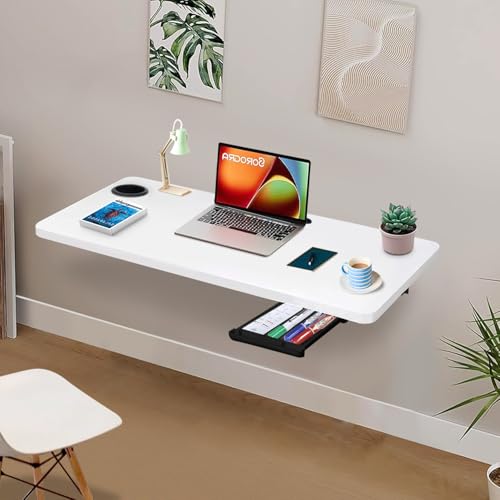 Image of wow craft Wall-Mounted Multipurpose Study Table for Home & Office | Foldable Wooden Desk with Drawer, Cable Slot & Cup Holder | Space Saving Workstation - 31x18.5 Inches (Matte White)