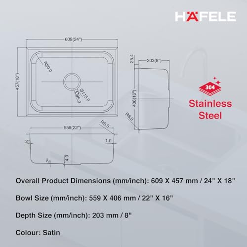 Image of Hafele Astral 2418 Stainless Steel Single Bowl Kitchen Sink | 24x18 Inches | 304 Grade Steel | Satin Finish | Compact & Durable Kitchen Sink
