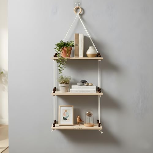Image of 3Tier Hanging Shelf with Magic Hook, Use Decor Plants, Books, Decorative Gift Items Nursery Livingroom Wooden Beads & Ring Woven Bohemian Chic for Dorm
