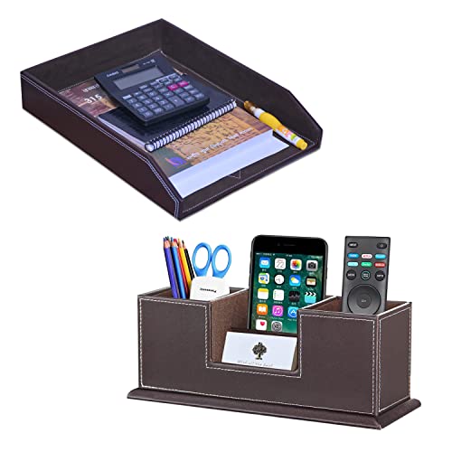 VANQUISH 2 Piece Desk Organizer Set PU Leather Desk Accessories & Workspace Organizers-Paper/Document Tray, Stationery Organizer Pen Holder, and Business Card Holder-Office Decor