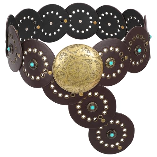 Image of XZQTIVE Western PU Leather Belts for Woman Concho Cowgirl Cowboy Disc Belt for Ladies Wide Boho Country Waist Belts for Dress