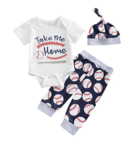 Toddler Baby Boy Baseball Outfit Funny Letter Short Sleeve Bodysuit Romper+Long Pants+Hat Summer Coming Home Clothes (White B, 0-3 Months)