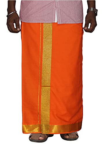 Image of PRAKASAM COTTON Velcro Pocket Dhoti for men, 2 inch Jari Border Mundu, Readymade Dhoti for men, South Indian Veshti