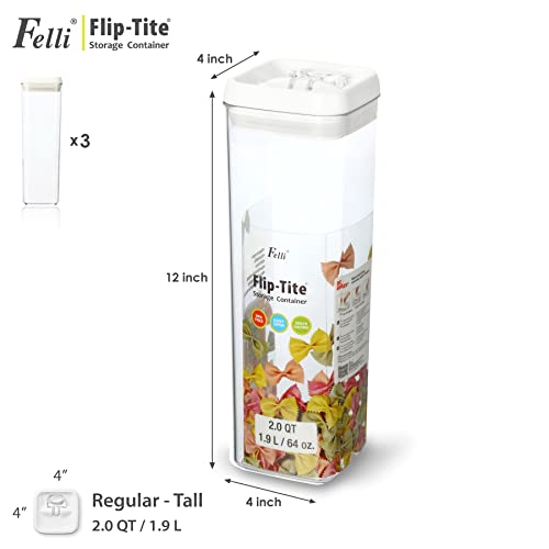 Felli Flip Tite Tall Food Storage Container 3Pc Pasta Set With 4” Square Air Tight Seal Lid Easy Open Lock, Clear Stackable Plastic Canister Jar Organizing Spaghetti Linguine Long Noodle Coffee Bean, Kitchen Pantry Cupboard Organization ( 2.0Qt, White) #TOP1