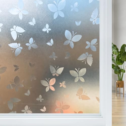 Image of WISDOM Butterfly Frosted Window Privacy Film Self-Adhesive Decorative Glass Film UV Blocking Heat Control Removable No Glue Window Covering for Home, Office, Bathroom 16x36