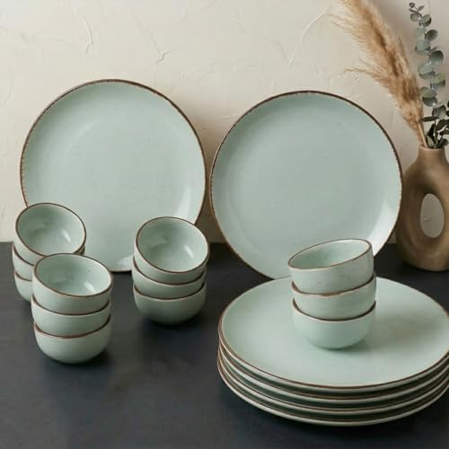 Image of The Earth Store Glossy Mint Marble Ceramic Dinner Set of 18 Pieces Serving for 6, Microwave and Dishwasher Safe Plates & Bowls for Dining, Bone-Ash Free Crockery Set for Dining and Gifting