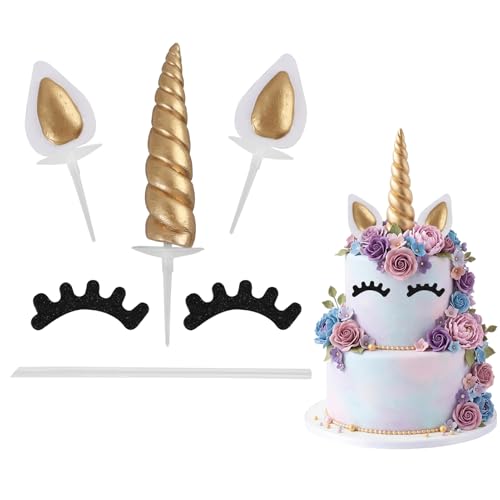 Kit de 6 Décors de Gâteau Licorne Dorés, Toppers Mignons avec Cornes, Oreilles et Cils pour Décoration de Gâteau d'Anniversaire, Mariage et Fêtes à...