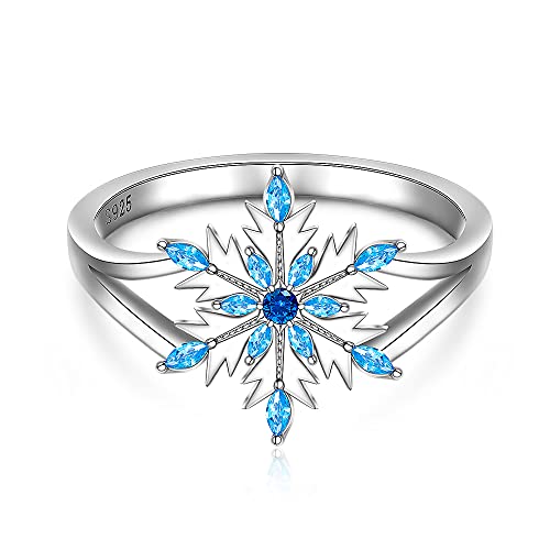 Snowflake Ring Sterling Silver Wedding Frozen Christmas Snowflake Rings For Women Cute Dainty Blue Zirconia Birthstone Crystal Gift Size 7 #TOP3