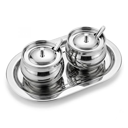Image of AQUANERO+ Stainless Steel Ghee Pot Set of 2 with Tray and Spoon, for Storing and Serving Ghee, Oil, Chutney, Pickles, and Spices Food Grade Quality