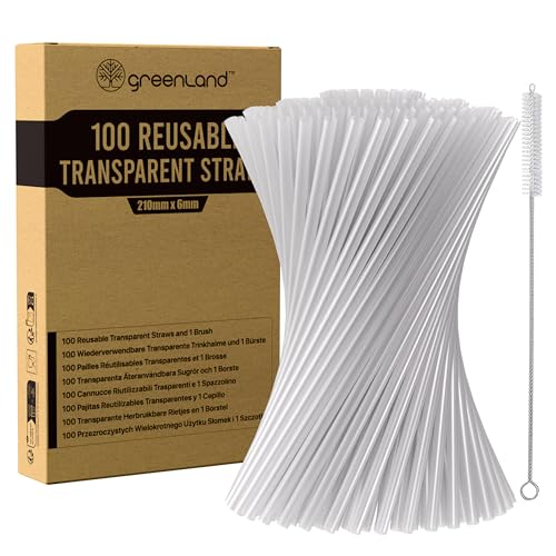 Greenland 100 pajitas transparentes reutilizables con cepillo, 21 cm de largo, 6 mm de ancho, perfectas para cócteles, leche, zumo, té (pajitas)