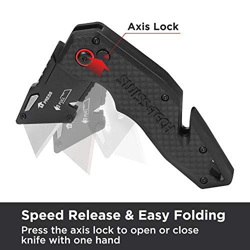 Swiss+Tech Utility Knife Set, 2-Pack Quick Change Box Cutter, Speed Release Folding Knife With Belt Clip And Landyard Hole, Extra 10 Pieces Sk5 Blades Included #TOP3