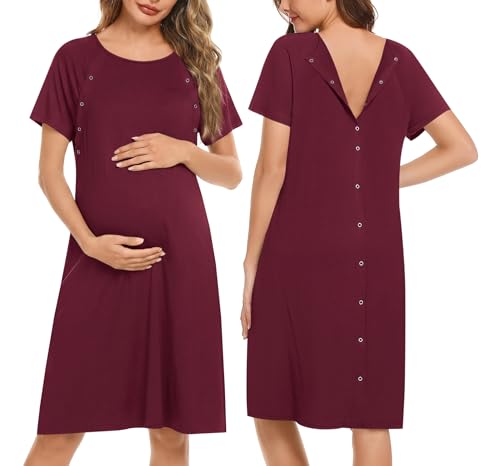 Image of Ekouaer Women’s Nursing/Delivery/Labor/Hospital Nightdress Short Sleeve Maternity Nightgown with Button S-XXL