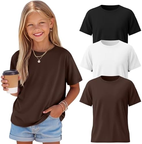 LessonZoo 3 Pack Girls' Shirts Plain Summer Short Sleeve Shirts Crew Neck Tees S