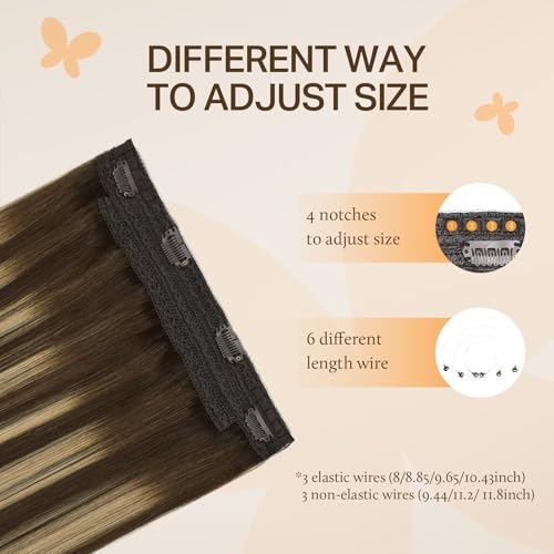 Image of DOORES Wire Hair Extensions, Balayage Chocolate Brown to Honey Blonde 22 Inch 120g Fish Line Weft Extensions and 2pcs 30g Clip ins, 100g Invisible Wire Real Human Weft Seamless Hairpiece