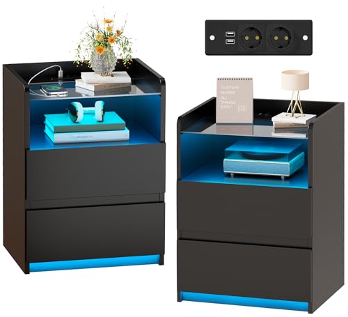 ANWBROAD Comodino Set di 2 con Stazione di Ricarica,Comodino con LED Piano in Vetro, Moderno Comodini con 1 Ripiano Aperto e 2 Cassetti, 2 Porte USB, per Soggiorno,Camera da Letto,Nero BNS001B