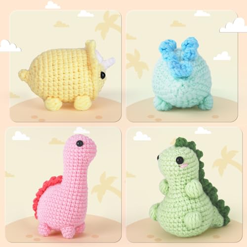 Crochet Kit for Beginners, Beginner Crochet Kit for Adults with Step-by-Step Video Tutorials, DIY Crochet Animal Kits Knitting Supplies, 4 Pack Dinosaurs (40%+ Yarn) - Thumbnail 5