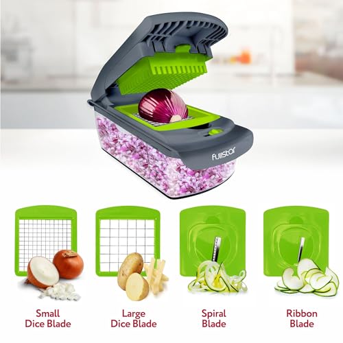 Fullstar Vegetable Chopper & Cutter - Slicer Dicer Spiralizer with Container for Food Veg Onion Cucumber Tomato Salad Potato French Fry - Kitchen Gadgets & Accessories (PRO 4-in-1, Grey/Green)